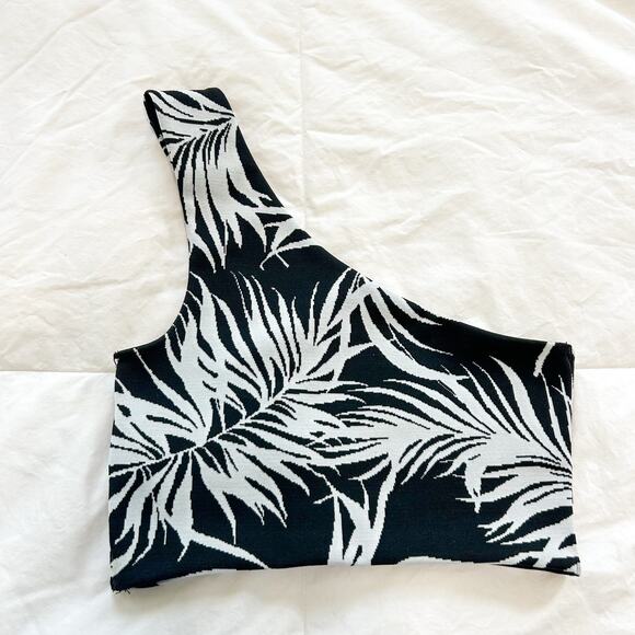 Zara Black White Palm Print One Shoulder Crop Top Women’s Size Small - Picture 4 of 9